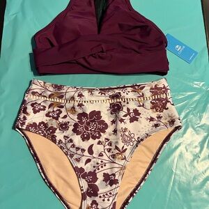 Cupshe Purple and Cream Bikini Set with Floral Design